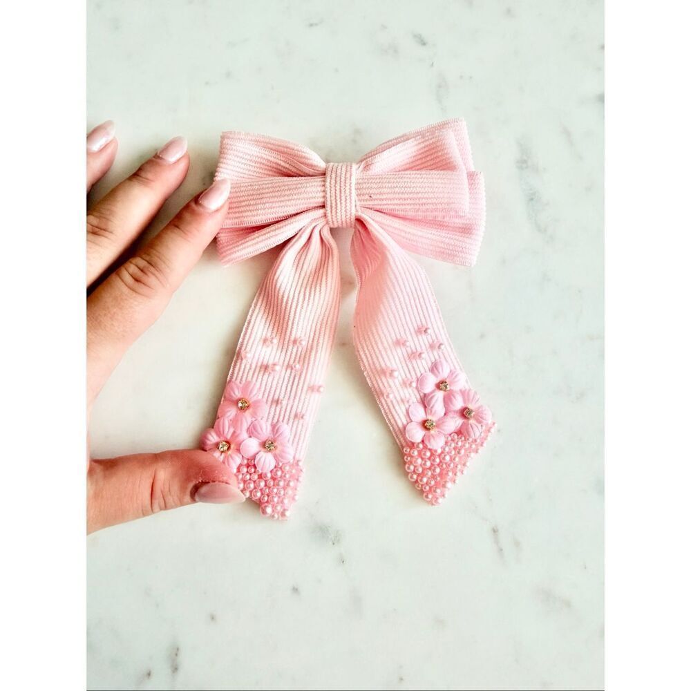 Light pink Pearl Floral Ribbon Hair Bow Clip | Romantic Bridal Coquette - Picture 5 of 5